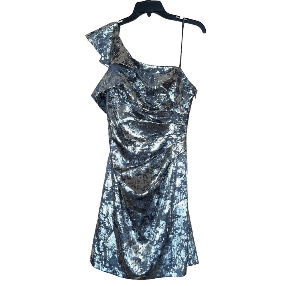 One Shoulder Y2K Dress Ruffle Ruched Metallic - Picture 3 of 10
